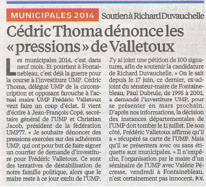 Le Parisien - C Thoma dénonce les pressions de Valletoux - 02072013