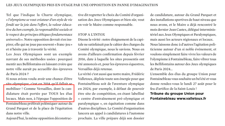 Pas de JO2024 à Fontainebleau : évidemment, c’est forcément la faute de l’opposition !