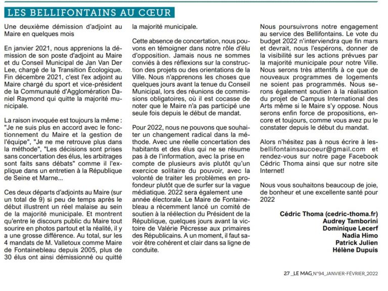 Tribune libre janvier – février 2022